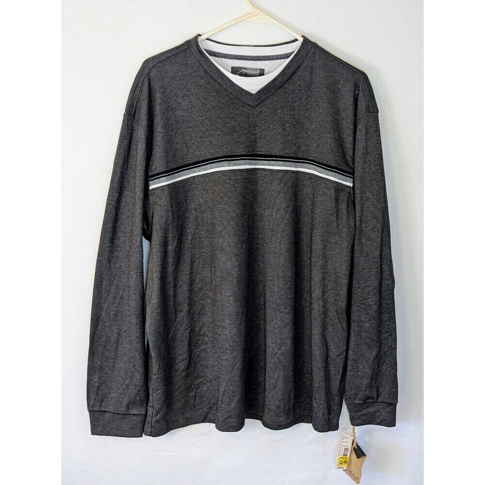 Method Men’s L Ribbed V-Neck Pullover Sweatshirt Gray White Faux Layered Look